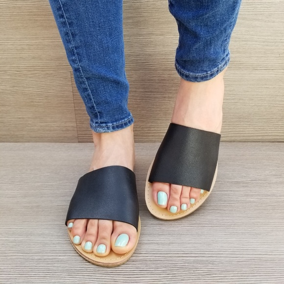 faux Leather Slip on Slider Black Flat Sandals-D - Picture 2 of 8